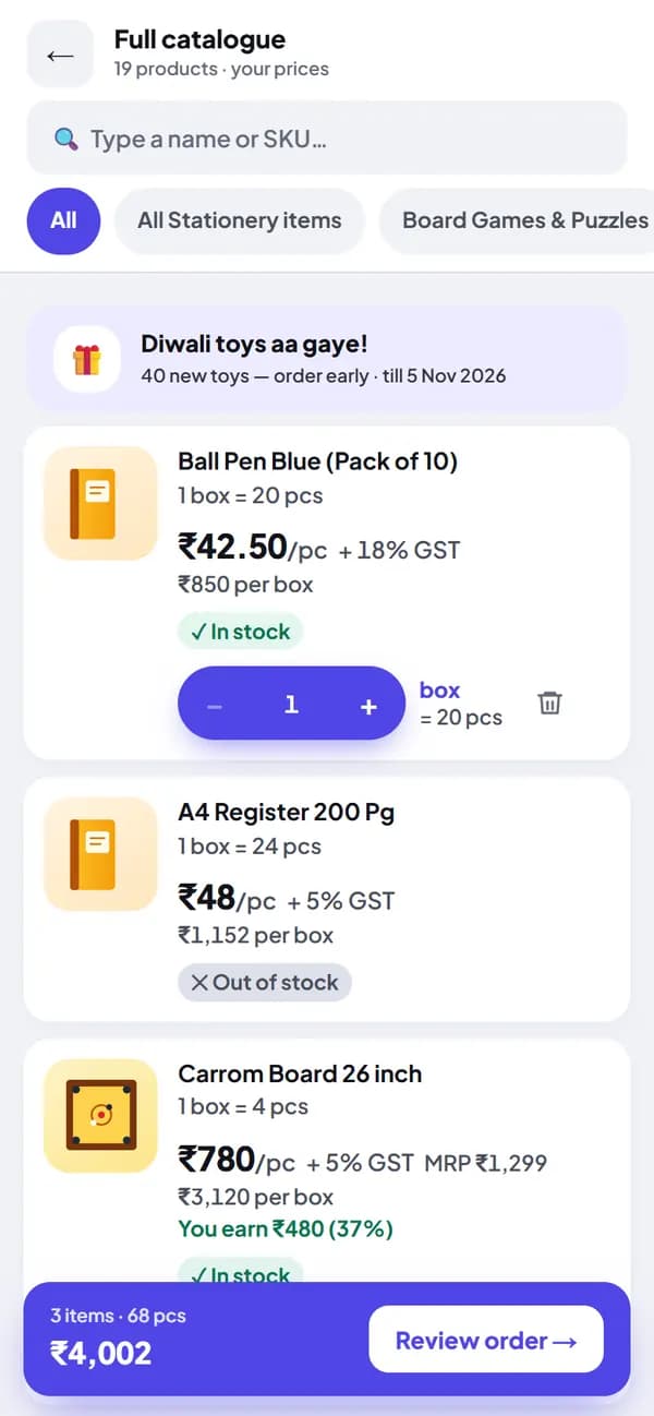 Catalogue with the customer's own rates, pack sizes, stock and GST