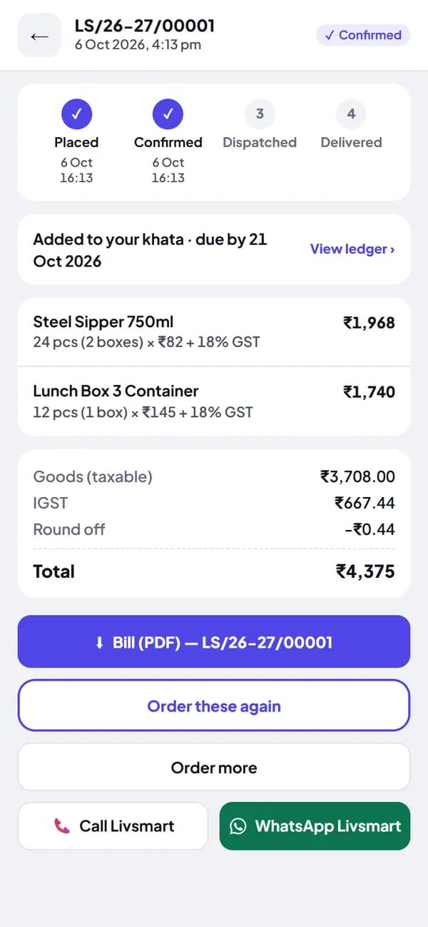 An order with its GST bill on the customer's phone